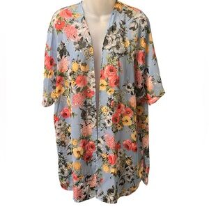 Honeyme Curvy Blue Floral Sheer Open Short-Sleeve Kimono Style Size XL